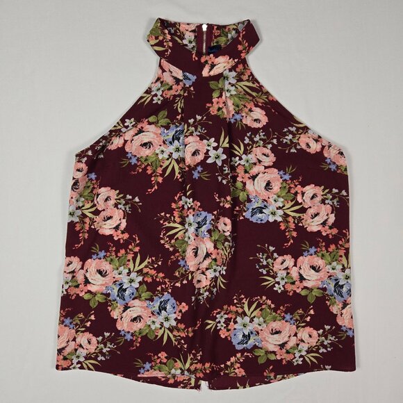 Blue Pan Halter Neck Floral Pleated Front Blouse Womens M Burgundy Pink Y2K Vibe - Picture 5 of 10